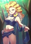  1girl ayla_(chrono_trigger) blonde_hair blue_eyes breasts caveman chrono_trigger cleavage closed_mouth curly_hair highres kikopoko11 long_hair looking_at_viewer smile solo tree 