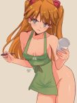  1girl :s apron areola_slip areolae blue_eyes brown_hair coffee coffee_cup cup disposable_cup green_apron groin highres iced_latte_with_breast_milk_(meme) interface_headset leaning_forward long_hair looking_at_viewer marker_(medium) meme nail_polish naked_apron neon_genesis_evangelion nipple_slip nipples no_bra no_panties ryness solo souryuu_asuka_langley starbucks tan_background traditional_media two_side_up 