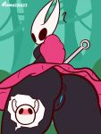  3:4 absurd_res anthro arthropod black_body black_eyes blue_pussy blush breasts butt butt_focus cloak cloak_only clothing detailed_background duo empty_eyes female female_focus genitals hi_res hollow_knight hornet_(hollow_knight) insect looking_at_viewer looking_back low-angle_view mouthless presenting presenting_hindquarters pussy rear_view shnuzzlez size_difference solo_focus team_cherry the_knight_(hollow_knight) vessel_(species) 