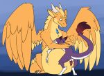  abdominal_bulge absurd_res anthro balls belly belly_expansion butt dragon duo embrace expansion feathered_wings feathers feral genitals hi_res horn hug male male/male penis sarek_aran_desian sergal wings 