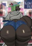  anthro big_butt bottomwear butt clothed clothing female green_hair hair hi_res hoodie huge_butt mammal pyredaemos rodent sciurid shorts solo thick_thighs topwear 