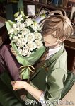  1boy axia_krone book bottle bouquet bow brown_hair brown_pants brown_vest collared_shirt eden-gumi flower green_eyes green_jacket hair_behind_ear hair_over_one_eye highres holding holding_bouquet jacket lain_paterson lauren_iroas leos_vincent looking_back male_focus natsuko_(bluecandy) nijisanji official_art oliver_evans open_mouth pants photo_(object) purple_bow rose shirt solo vest virtual_youtuber white_flower white_rose white_shirt 