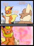  2021 anthro big_breasts blonde_hair blue_eyes blush breasts brown_body brown_eyes canid canine clothed clothing digital_drawing_(artwork) digital_media_(artwork) duo eevee eeveelution elizabeth_venizee female flamberry_(artist) flareon franklin_flare fur genitals hair hi_res looking_at_viewer male male/female mammal nintendo nude open_mouth orange_body orange_fur penis pok&eacute;mon pok&eacute;mon_(species) simple_background smile solo text video_games watermark 