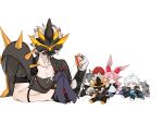  1boy animal_ears blue_hair character_doll cloud_ya collarbone commentary eden_(honkai_impact) english_commentary fox_ears fu_hua grey_hair highres honkai_(series) honkai_impact_3rd horns kalpas_(honkai_impact) kevin_kaslana mask oni_horns pink_hair raiden_mei raiden_mei_(herrscher_of_thunder) red_hair red_horns sewing shoulder_spikes spikes su_(honkai_impact) upper_body yae_sakura yae_sakura_(goushinnso_memento) 