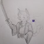  1:1 anthro asian_clothing clothed clothing domestic_cat east_asian_clothing felid feline felis fur hair hi_res japanese_clothing katana male mammal melee_weapon rhonbon smile solo sword weapon 