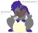  anthro blush bodily_fluids canid canine canis diaper english_text genital_fluids hardscales looking_at_viewer male mammal nintendo peeing pok&eacute;mon pok&eacute;mon_(species) soggy_diaper solo text urine video_games wet_diaper wetting wolf zoroark 