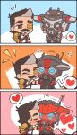  &gt;_&lt; 1boy 1other ambiguous_gender apex_hunter_bloodhound apex_legends black_jacket bloodhound_(apex_legends) blue_eyes blush chibi couple eyepatch facial_hair fuse_(apex_legends) grey_hair hair_behind_ear heart helmet highres jacket kiss kissing_cheek mechanical_arms multicolored_hair mustache official_alternate_costume one_eye_covered otezo scar scar_across_eye single_mechanical_arm sleeveless sleeveless_jacket smile speech_bubble spoken_heart streaked_hair thought_bubble 