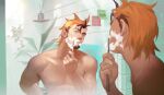  2022 bara bathroom beard blue_eyes brown_hair facial_hair highres light mature_male mirror muscular muscular_male nipples orange_hair original pectoral_cleavage pectorals powerlesssong reflection shaving shaving_cream 