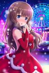 1girl ahoge alternative_girls amusement_park arimura_shion blue_eyes blush brown_hair dress eyebrows_visible_through_hair ferris_wheel highres jewelry long_hair looking_at_viewer night official_art open_mouth outdoors red_dress ring snowing solo 