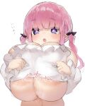  1girl areola_slip areolae blush breasts bright_pupils clothes_lift eyebrows_visible_through_hair glands_of_montgomery highres huge_breasts neoguloliko open_mouth oppai_loli pink_hair pointy_ears purple_eyes shirt_lift short_pointy_ears simple_background suggestive_fluid twintails upper_body white_background 