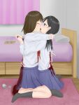  2girls bed couple drugs guro highres hug kiss multiple_girls original ryona school_uniform suicide sword weapon yuri 