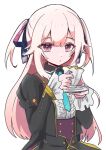  1girl alien clorica_(rune_factory) clorica_(rune_factory)_(cosplay) commission cosplay cup frilled_shirt frills hair_ribbon highres holding holding_cup holding_saucer hoshifuri_iku itsuc_24 juliet_sleeves long_hair long_sleeves pink_hair prism_project puffy_sleeves purple_eyes ribbon rune_factory rune_factory_4 saucer shirt skeb_commission solo teacup two_side_up virtual_youtuber 