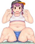  1girl arms_up bangs baseball_cap blue_legwear blush breasts brown_eyes collarbone commentary_request double_v feet_out_of_frame hat highres looking_at_viewer medium_hair navel on_floor open_mouth original orizen panties panty_peek plump purple_hair short_hair_with_long_locks shorts sidelocks simple_background small_breasts solo sports_bra straight-on sweat thick_thighs thighs tsurime underwear v white_background white_panties 