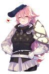  1girl 1other absurdres ambiguous_gender armor blush closed_eyes fire_emblem gambeson gloves hairband headpat heart highres invisible long_hair pink_hair ritence simple_background smile soleil_(fire_emblem) solo_focus speech_bubble white_background 