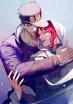  2boys blue_hair chain earrings gakuran hat head_scarf hug hug_from_behind jewelry jojo_no_kimyou_na_bouken kakyoin_noriaki kujo_jotaro lips male_focus multiple_boys purple_eyes red_hair scarf school_uniform sobi_(dnenqkswja) stardust_crusaders white_scarf yaoi 