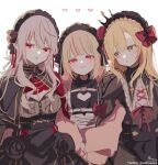  3girls :o bangs black_capelet black_dress blonde_hair braid breasts capelet cleavage closed_mouth commentary_request crown_braid dress eyebrows_visible_through_hair genderswap genderswap_(mtf) green_eyes grey_hair hair_between_eyes heart highres kuzuha_(nijisanji) long_hair looking_at_viewer makaino_ririmu medium_breasts multicolored_hair multiple_girls nijisanji parted_lips red_eyes red_hair signature simple_background smile sofra streaked_hair twitter_username uzuki_kou very_long_hair virtual_youtuber white_background 