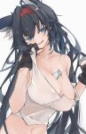  1girl animal_ears arknights between_breasts black_gloves black_hair blaze_(arknights) blue_eyes bottle breasts cat_ears cleavage collarbone commentary gloves hair_between_eyes hairband hand_up highres large_breasts messy_hair mikojin navel open_mouth partially_fingerless_gloves pulled_by_self red_hairband simple_background solo strap_pull strap_slip sweat symbol-only_commentary upper_body white_background 