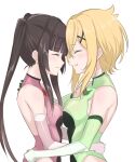  2girls akatsuki_kirika asymmetrical_docking bangs black_hair blaze_(blaze_pso2) blonde_hair blunt_bangs blush breast_press breasts closed_eyes elbow_gloves facing_another gloves green_leotard hair_ornament highres hug leotard long_hair medium_breasts multiple_girls pink_leotard senki_zesshou_symphogear shiny shiny_clothes shiny_hair shiny_skin short_hair simple_background small_breasts tsukuyomi_shirabe twintails white_background x_hair_ornament yuri 