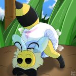  anthro arthropod bee blush bug_fables burritokitten_(artist) crossed_arms diaper dirt female grass hi_res hymenopteran insect meme meme_pose moonsprout_games plant smile solo stinger vi_(bug_fables) watermark 