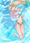  1girl artist_name bandeau bangs barefoot blonde_hair blue_eyes breasts cloud commentary_request day elbow_gloves floating gloves green_eyes holding holding_staff janna_(league_of_legends) large_breasts league_of_legends long_hair long_torso looking_at_viewer navel outdoors pointy_ears skirt solo staff vmat white_gloves white_skirt 