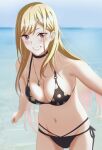  1girl absurdres bikini black_bikini blonde_hair blue_sky breasts choker cleavage floral_print groin halter_top halterneck hateri highres horizon jewelry kitagawa_marin leaning_forward lips long_hair looking_at_viewer medium_breasts navel necklace ocean red_eyes side-tie_bikini sky smile solo sono_bisque_doll_wa_koi_wo_suru swimsuit water 