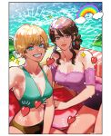  2girls aqua_eyes bangs bikini blonde_hair breasts brown_hair cleavage commission earrings grin heart highres jewelry long_hair looking_at_viewer multiple_girls off-shoulder_one-piece_swimsuit off_shoulder okada_(hoooojicha) one-piece_swimsuit original pink_eyes rainbow short_hair sitting skeb_commission smile swept_bangs swimsuit updo water wavy_hair 