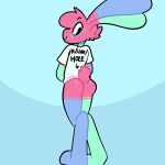  absurd_res anthro blue_background blue_body blue_fur bottomless bottomless_anthro bottomless_male butt clothed clothing crossed_legs fur green_body green_fur hi_res inviting lagomorph leporid looking_at_viewer looking_back looking_back_at_viewer male mammal meme meme_clothing pink_body pink_fur rabbit raised_tail shirt simple_background solo t-shirt the_xing1 topwear xing 