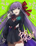  1girl absurdres bangs bb_(fate) bb_(fate/extra) black_coat breasts character_name coat eyebrows_visible_through_hair fate/grand_order fate_(series) gloves hair_ribbon heart highres long_hair long_sleeves looking_at_viewer neck_ribbon panties pantyshot purple_eyes purple_hair red_ribbon ribbon simple_background solo sparkle tachibana_wataru_(123tsuki) underwear very_long_hair white_gloves white_panties wide_sleeves 