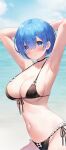  1girl armpits arms_behind_head arms_up ayamy bare_shoulders bikini black_bikini black_choker blue_eyes blue_hair breasts choker cleavage collarbone cowboy_shot frilled_bikini frills front-tie_bikini front-tie_top hair_ornament hairclip halter_top halterneck highres large_breasts looking_at_viewer navel parted_lips re:zero_kara_hajimeru_isekai_seikatsu rem_(re:zero) short_hair side-tie_bikini solo stomach string_bikini swimsuit wet x_hair_ornament 