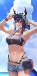  1girl adjusting_clothes adjusting_headwear arknights arm_up armpits bangs bare_arms bare_shoulders baseball_cap belt belt_pouch bikini black_bikini blue_shorts blue_sky blush bracelet breasts ch&#039;en_(arknights) cloud commentary_request cowboy_shot day dragon_girl dragon_horns dragon_tail eyebrows_visible_through_hair female_tourist_c_(arknights) hair_between_eyes hat highres horns horns_through_headwear jewelry kobayashi_(jna_x_rgh) large_breasts long_hair looking_at_viewer mouth_hold navel open_fly outdoors ponytail popsicle_stick pouch red_eyes short_shorts shorts sidelocks sky solo stomach swimsuit tail unbuttoned white_headwear 