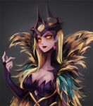  1girl artist_name bangs breasts cleavage collarbone colored_skin coven_leblanc fur_trim gradient gradient_background grey_background hair_ornament hand_up large_breasts league_of_legends leblanc_(league_of_legends) long_hair looking_at_viewer official_alternate_costume orange_eyes parted_lips pink_skin red_lips solo teeth vmat 