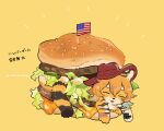  2022 4_fingers absurd_res anthro beef big_mac_(burger) black_body black_fur black_nose black_pawpads blep blush blush_lines burger burger_bun cheese chest_tuft chibi clothing cowboy_hat dairy_products emanata eyebrows eyes_closed felid female fingers flag fluffy food fur hair hat headgear headwear hi_res in_food japanese_text kemono lettuce mammal markings mcdonald&#039;s meat multicolored_body multicolored_ears multicolored_fur multicolored_tail orange_body orange_fur orange_hair osakanasankan pantherine pawpads paws pickle_(food) plant sauce sesame_seed_bun sesame_seeds simple_background solo special_sauce stars_and_stripes striped_body striped_fur striped_markings striped_tail stripes tail_markings text thick_eyebrows tiger tongue tongue_out toothpick translation_request tuft united_states_of_america vegetable white_body white_fur yellow_background 