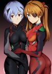  2girls arm_around_shoulder ass ass_visible_through_thighs asymmetrical_docking ayanami_rei blue_eyes blue_hair breast_press brown_hair expressionless eyepatch gradient gradient_background hand_on_another&#039;s_waist highres light_blush looking_at_viewer multiple_girls neon_genesis_evangelion plugsuit rebuild_of_evangelion red_eyes rororo souryuu_asuka_langley thigh_gap 