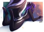  2022 4_toes 5_fingers anthro black_body black_fur breasts digital_media_(artwork) feet female fingers fur hair hi_res lesspie mammal mephitid nude purple_eyes purple_hair skunk smile solo toes white_body white_fur 