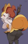  1girl absurdres animal_ear_fluff animal_ears animal_nose artist_name ass black_fur blush body_fur braixen breast_expansion breasts chromatic_aberration commentary english_commentary fang fox_ears fox_girl fox_tail from_behind fur_collar furry furry_female hand_on_hip highres honey_calamari large_breasts leaning_forward looking_back nipples open_mouth pokemon pokemon_(creature) purple_background red_eyes sideways_mouth signature simple_background snout solo standing stick tail white_fur yellow_fur 