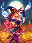  1girl artist_name bangs bare_tree bewitching_miss_fortune blue_gloves breasts candle cleavage detached_sleeves fire flame foot_up gloves gun hat holding holding_weapon large_breasts league_of_legends long_hair miss_fortune_(league_of_legends) moon night official_alternate_costume outdoors pink_legwear puffy_short_sleeves puffy_sleeves pumpkin short_sleeves smile solo striped striped_legwear thighhighs tree vmat weapon witch_hat 