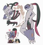  &lt;3 2022 anthro arm_tuft black_tail bodily_fluids claws dirt drooling eyes_closed food fur fur_tuft grey_body grey_ears grey_fur hi_res japanese_text leg_tuft looking_down multicolored_body multiple_images nintendo onigiri pok&eacute;mon pok&eacute;mon_(species) pokemon_legends_arceus purple_body rear_view saliva simple_background sneasler solo ta0oxo0ma text tuft video_games white_background 