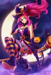  1girl animal artist_name bangs bare_shoulders belt bewitching_janna black_legwear broom broom_riding brown_belt cat crescent_moon dress elbow_gloves full_body gloves glowing glowing_eyes hat high_heels janna_(league_of_legends) league_of_legends long_hair moon night official_alternate_costume orange_legwear outdoors parted_bangs pointy_ears pumpkin purple_hair red_hair round_eyewear shiny shiny_clothes shiny_hair shoes short_dress sitting smile striped striped_legwear thighhighs vmat white_dress witch_hat 