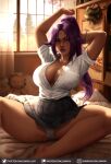  1girl bleach breasts cleavage collarbone dark-skinned_female dark_skin eyebrows_visible_through_hair highres indoors large_breasts long_hair looking_at_viewer luminyu nipples open_mouth panties ponytail purple_hair shihouin_yoruichi skirt solo thighs underwear yellow_eyes 