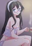  1girl alternate_costume black_hair breasts camisole cleavage collarbone commentary_request cup fuji_(pixiv24804665) green_eyes hairband heart highres holding kantai_collection long_hair looking_at_viewer mug ooyodo_(kancolle) open_mouth round_teeth semi-rimless_eyewear sitting sleepwear small_breasts solo strap_slip teeth under-rim_eyewear upper_teeth white_hairband 
