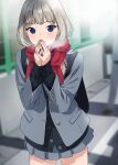  1girl bag bangs blazer blue_eyes blurry blurry_background blush closed_mouth doushimasho grey_jacket grey_skirt hands_up highres jacket long_hair long_sleeves looking_at_viewer original outdoors pleated_skirt red_scarf scarf school_bag school_uniform skirt smile solo standing white_hair 
