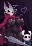  absurd_res anthro arthropod azura_inalis big_breasts breast_on_head breast_play breasts butt female genitals group happy hi_res hollow_knight hornet hornet_(hollow_knight) hugging_legs hymenopteran in_heat insect larger_female male male/female one_piece_suit one_piece_top protagonist_(hollow_knight) size_difference smaller_male team_cherry text vespid video_games wasp 