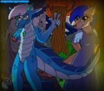  anthro aquatic_dragon clothed clothing comicstormcreations digital_media_(artwork) dragon duo eva_grey_(comicstormcreations) female hair hi_res kangaroo macropod magnus_malfor_(comicstormcreations) male male/female mammal marine marsupial nude scales scalie simple_background smile 