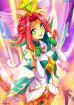  1girl artist_name bangs bare_shoulders breasts elbow_gloves gloves green_eyes green_hair hair_ornament league_of_legends looking_at_viewer medium_breasts multicolored_background multicolored_hair neeko_(league_of_legends) parted_bangs red_hair shiny shiny_hair smile solo star_(symbol) star_guardian_(league_of_legends) star_guardian_neeko tail tongue tongue_out vastaya vmat white_gloves 