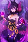  1girl bangs bare_shoulders black_hair breasts chain cleavage closed_mouth colored_sclera dress feet_out_of_frame hands_up large_breasts league_of_legends long_hair looking_at_viewer magic morgana_(league_of_legends) nail_polish pink_dress pink_eyes pink_nails pink_sclera pointy_ears shiny shiny_hair solo strapless strapless_dress vmat 