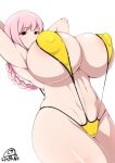  1girl areola_slip areolae armpits arms_behind_head braid breasts covered_nipples fate/grand_order fate_(series) florence_nightingale_(fate) jabara_tornado large_breasts long_hair looking_at_viewer navel pink_hair red_eyes simple_background slingshot_swimsuit solo sweater swimsuit white_background yellow_sweater 