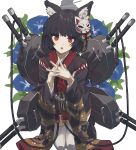  1girl :o absurdres animal_ear_fluff animal_ears azur_lane bangs bell black_hair blue_flower blunt_bangs cat_ears cat_girl cat_mask fang floral_print flower highres japanese_clothes kneeling long_sleeves looking_at_viewer mask mask_on_head parted_lips red_eyes rigging short_hair simple_background sitting skin_fang solo tachibana_wataru_(123tsuki) thighhighs white_background white_legwear wide_sleeves yamashiro_(azur_lane) 