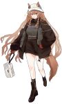  1girl :d absurdres animal_ears arknights bag black_footwear black_jacket black_scarf black_shirt black_skirt blush boots braid brown_hair ceobe_(arknights) ceobe_(unfettered)_(arknights) dog_ears dog_girl dog_tail ears_through_headwear full_body gloves hair_between_eyes hat highres holding holding_bag jacket kohaku_sogo long_hair looking_at_viewer official_alternate_costume open_clothes open_jacket oripathy_lesion_(arknights) red_gloves scarf shirt side_braids simple_background skirt smile solo sparkle tail very_long_hair white_background white_headwear 