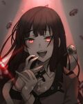  1girl artist_name bangs black_hair blunt_bangs blush eyebrows_visible_through_hair hand_to_own_mouth highres hyakkaou_academy_uniform jabami_yumeko kakegurui light_blush long_hair looking_at_viewer nessue open_mouth poker_chip red_eyes snake solo suit_jacket teeth upper_body upper_teeth white_snake 