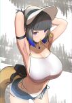  1girl aoi_mochio arknights arm_strap arm_up armpits arms_behind_back bangs bikini black_hair blue_eyes blue_hair blue_shorts blunt_bangs breasts bright_pupils cleavage collarbone cowboy_shot eunectes_(arknights) eyebrows_visible_through_hair gradient_hair hair_tie hat highres huge_breasts jewelry leaning_forward looking_at_viewer mouth_hold multicolored_hair navel necklace open_clothes open_fly open_shorts pointy_ears pouch short_hair shorts snake_tail solo swimsuit tail two-tone_background white_bikini white_headwear 